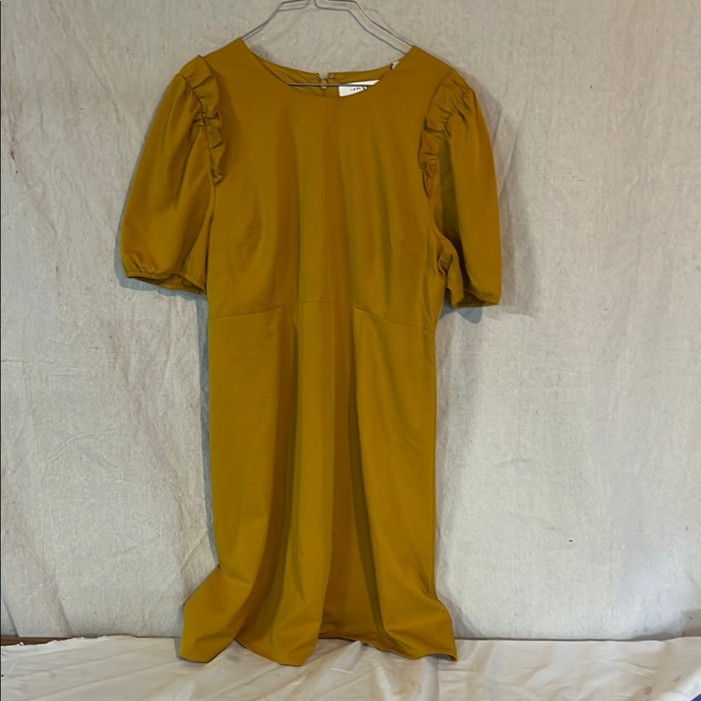 Lark & Ro Mustard Midi Dress with Ruffle Sleeves